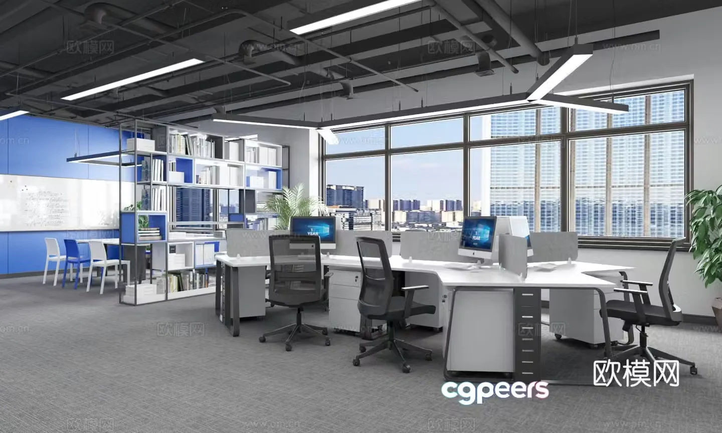 Industrial style open office area small meeting area Y-shaped office desk small negotiation area 3D model