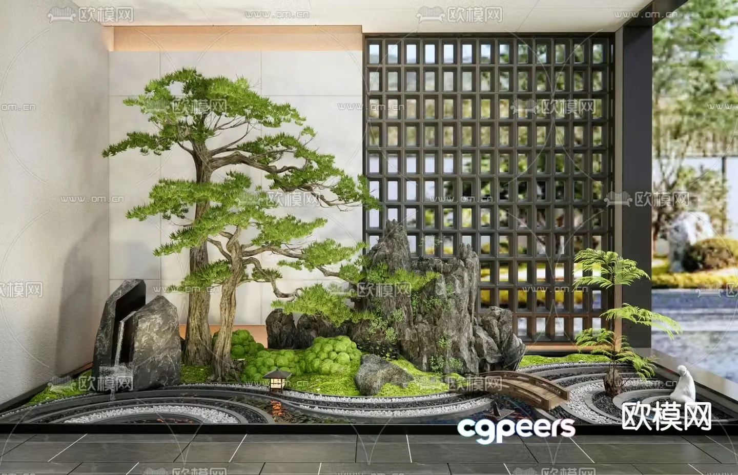 Zen landscape courtyard sketch pine tree landscaping 3d model