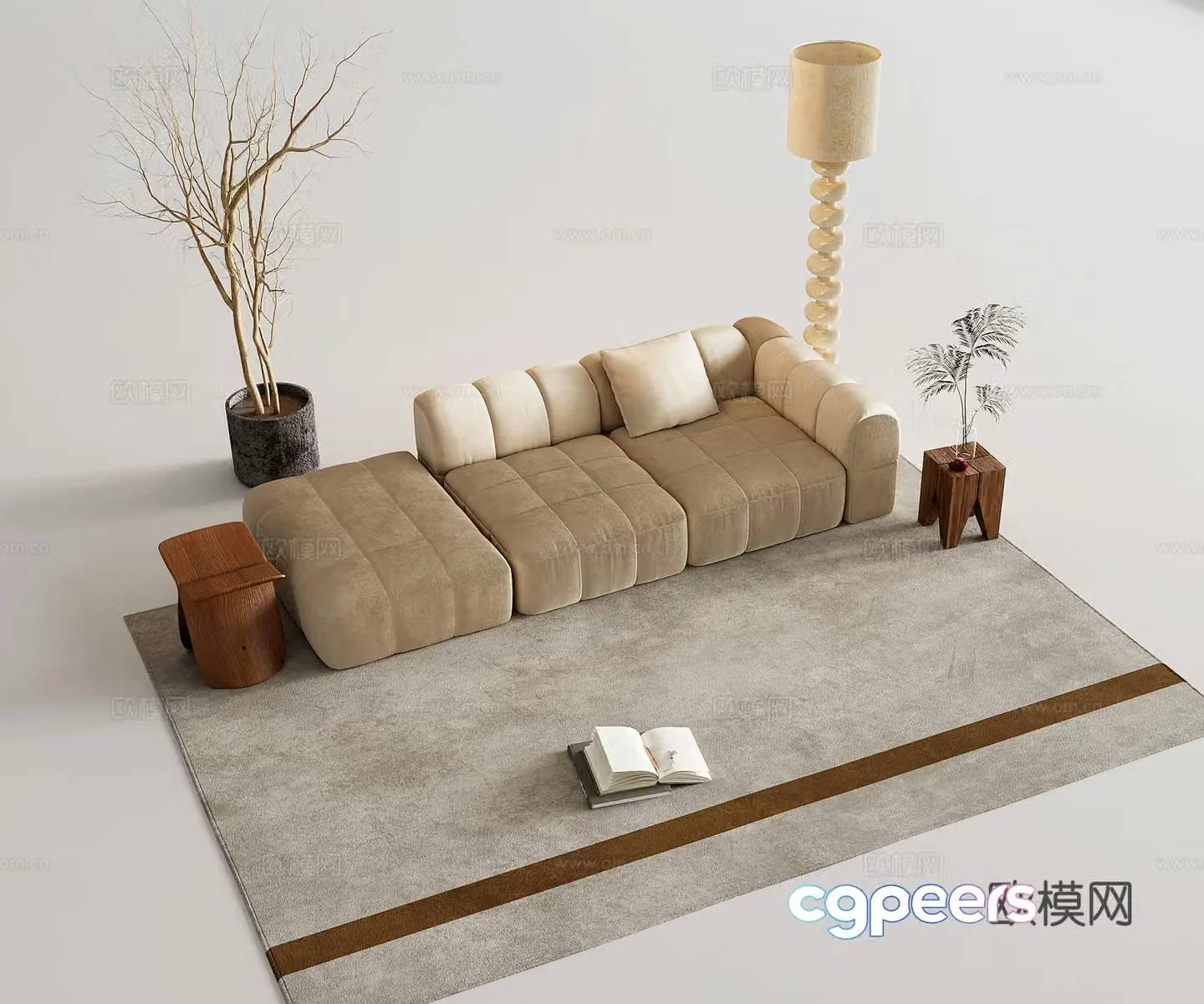 Modern sofa multi-person sofa floor lamp single chair stool green plant 3d model