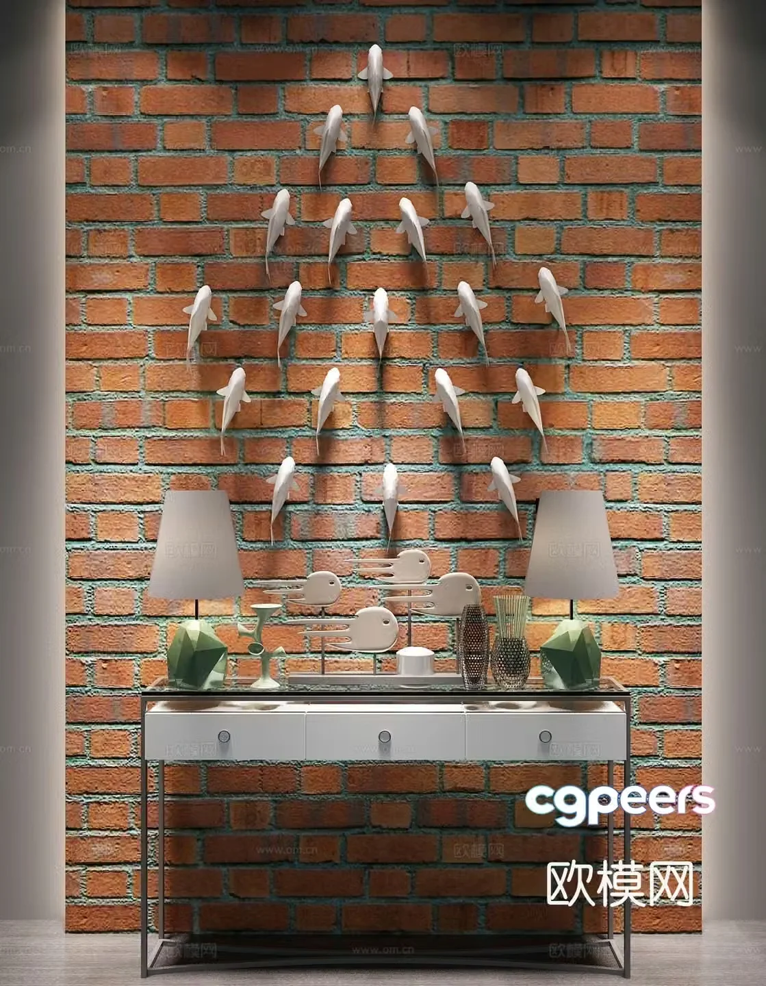 Industrial style fish hanging decoration red brick background wall end view platform 3d model