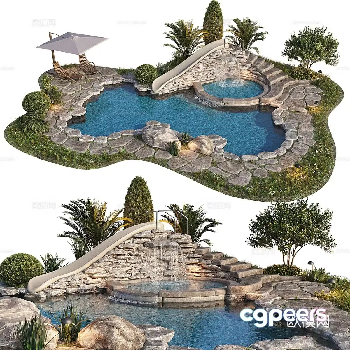 New Chinese style outdoor swimming pool courtyard landscape 3d model