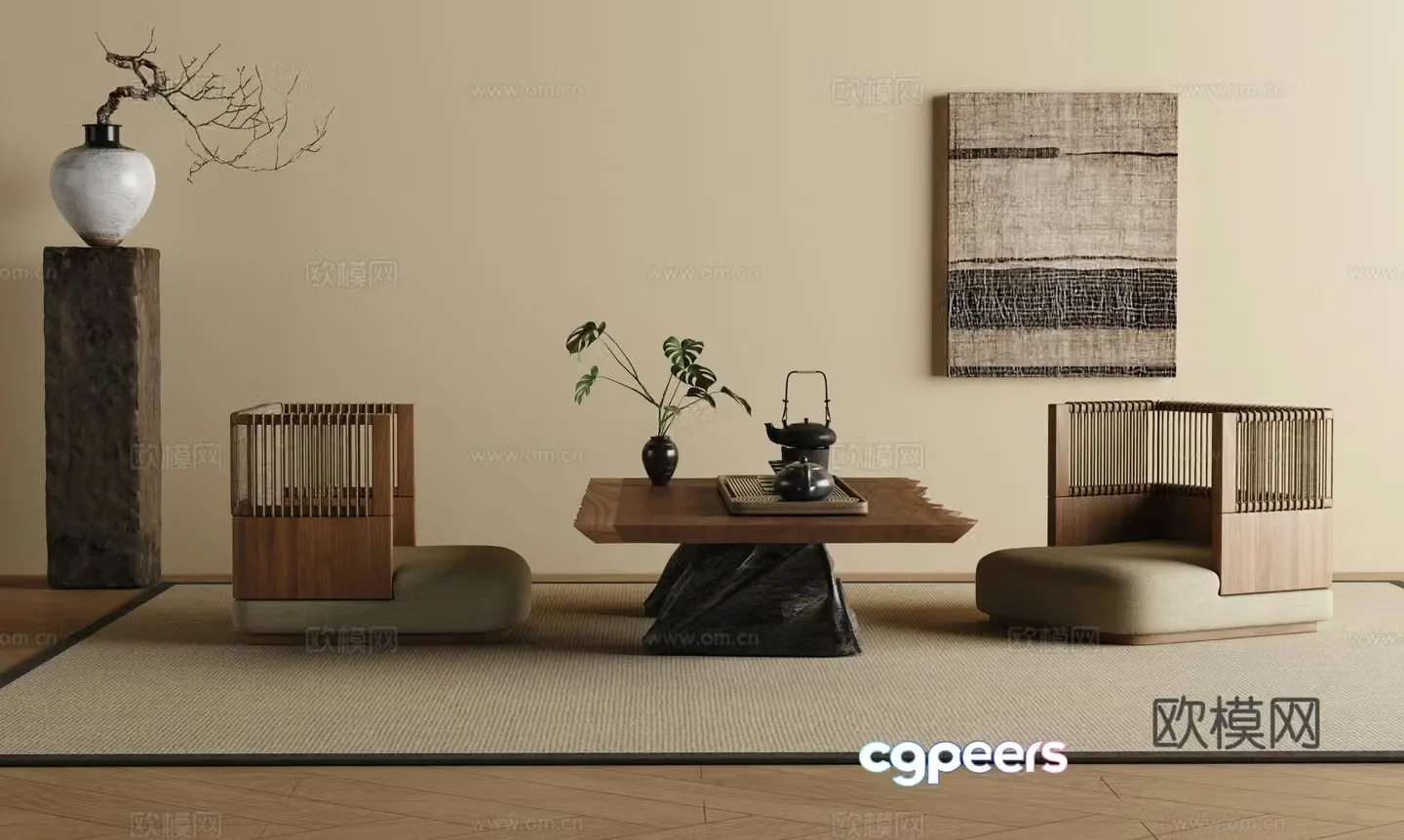 Wasabi Tatami tea table and chair Zen tea table and chair Wasabi tea room Zen tea room 3d model