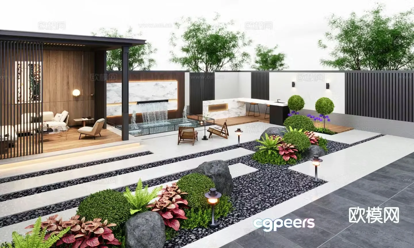 Modern courtyard landscape leisure pavilion falling water landscape 3D model
