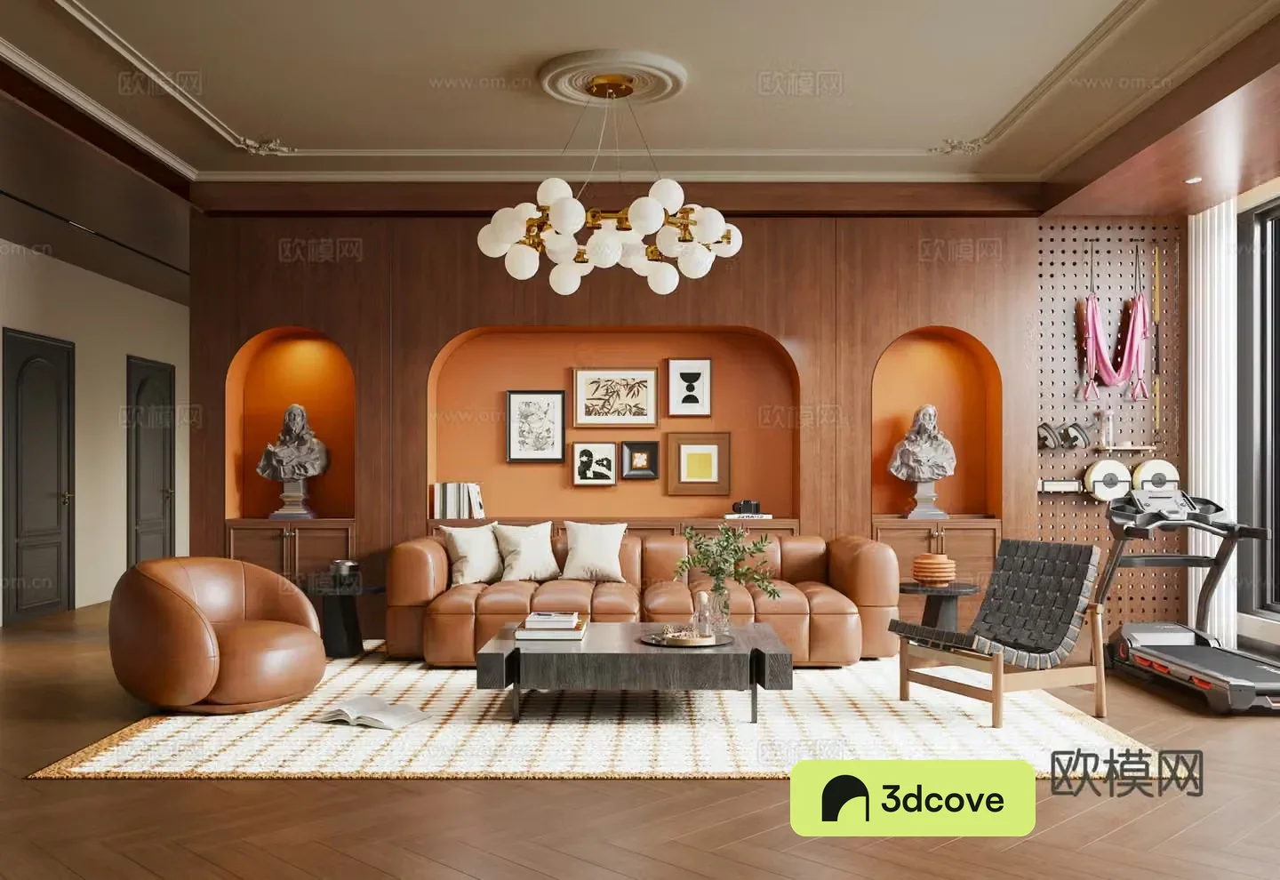 French medieval style living room chandelier carving background wall treadmill sofa coffee table combination