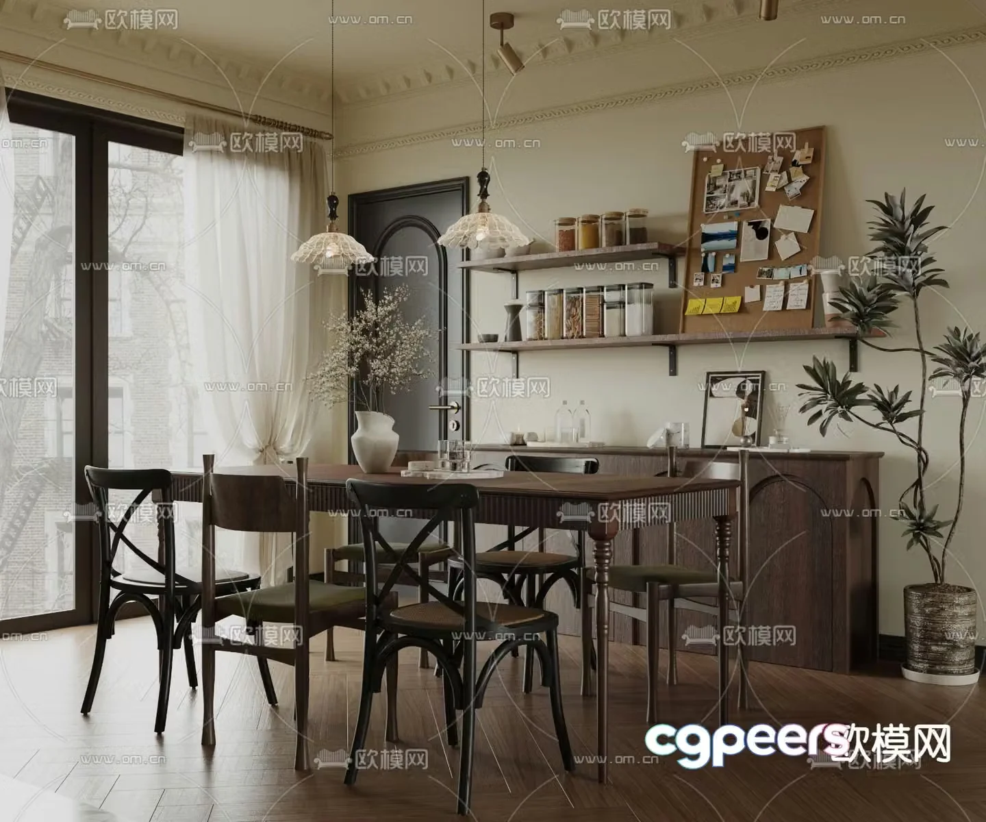 French dining table and chairs rectangular dining table 3d model
