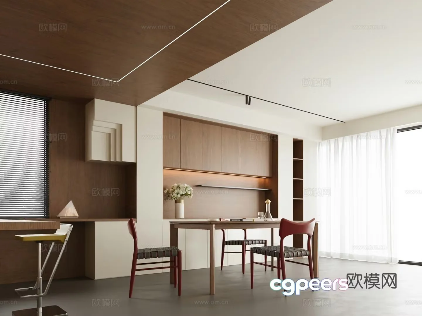 Modern minimalist villa restaurant ownerless lamp restaurant log dining table and chairs open dining restaurant long table dining 3D model
