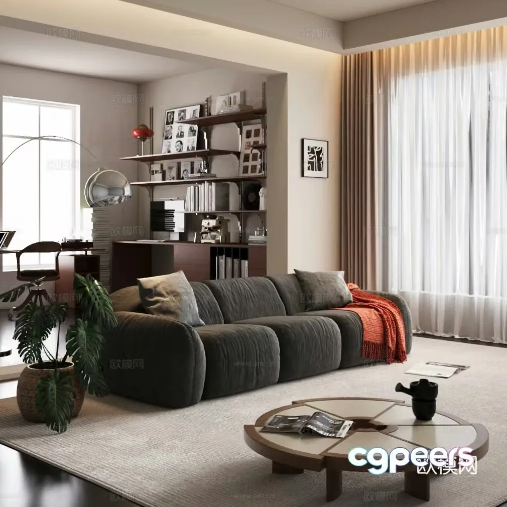 Modern home living room horizontal living room small living room wrought art bookshelf 3D model