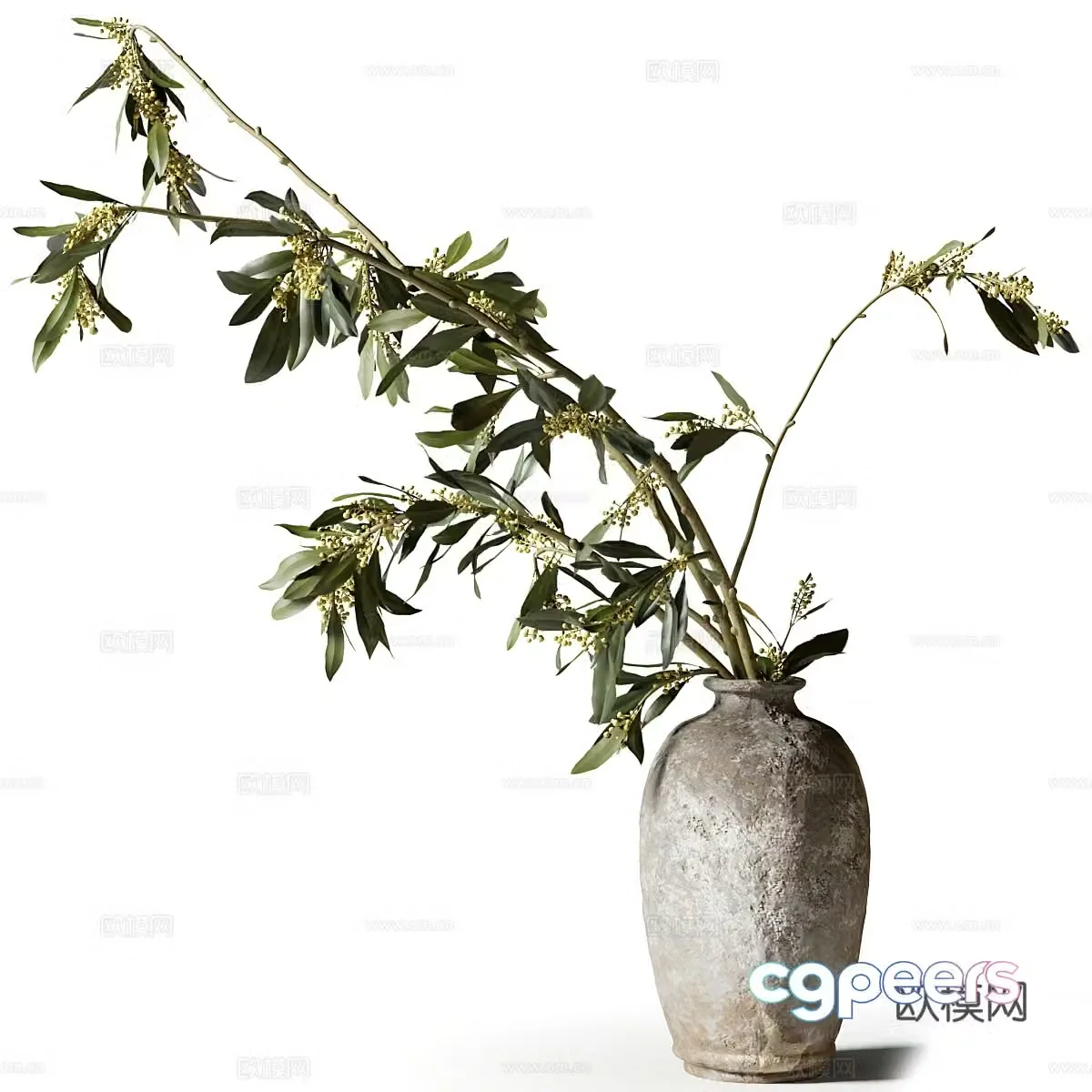 New Chinese style Eucalyptus 3D model in clay vase