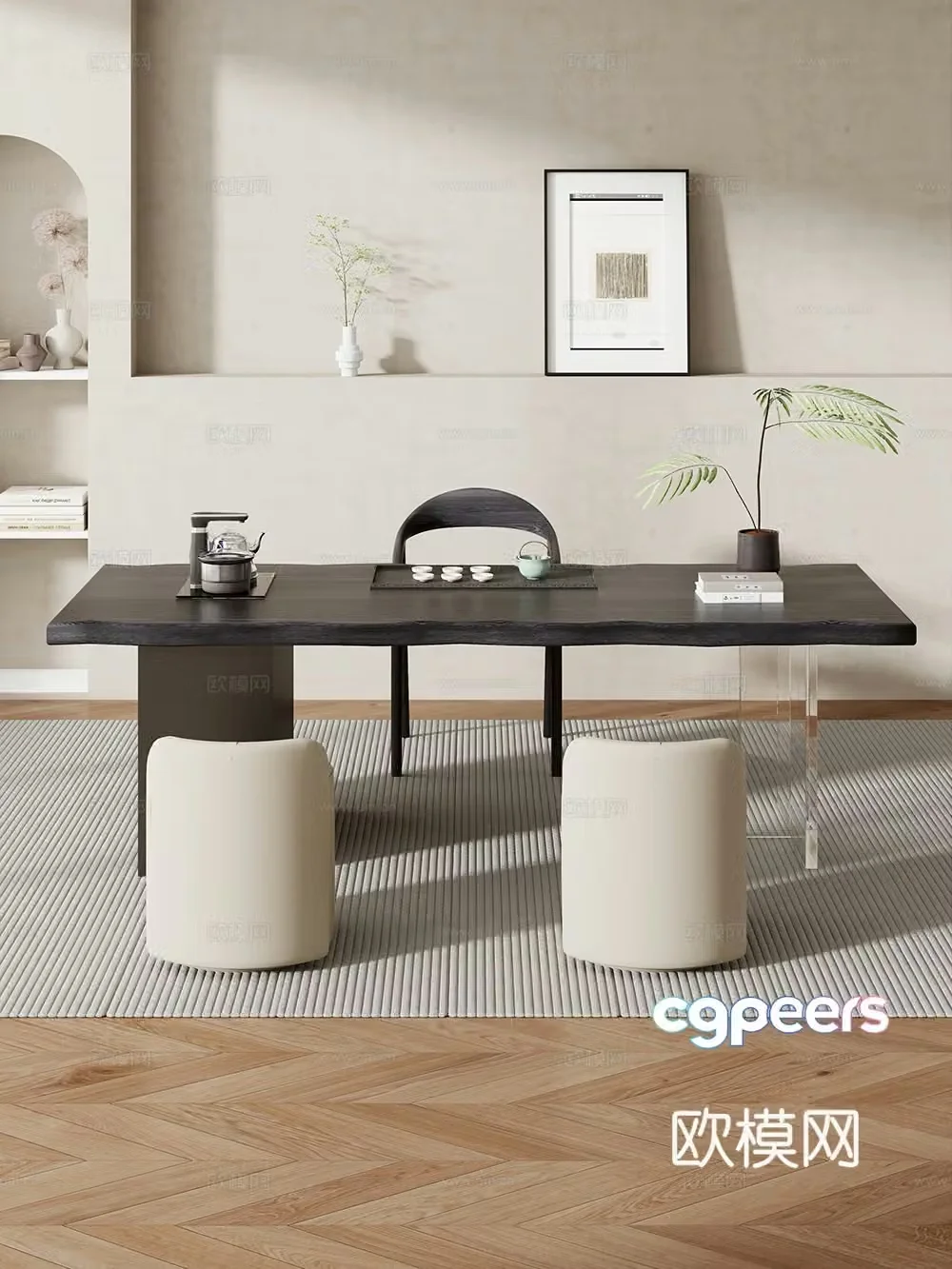 Creamy large plate table tea table and chair combination tea table tea table tea room tea table balcony tea table 3D model