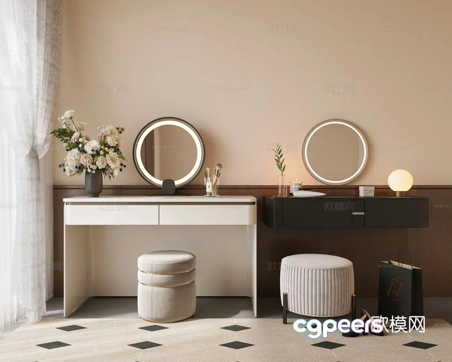 Modern dressing table makeup stool combination vase flower art dressing table bag shopping bag yarn 3d model