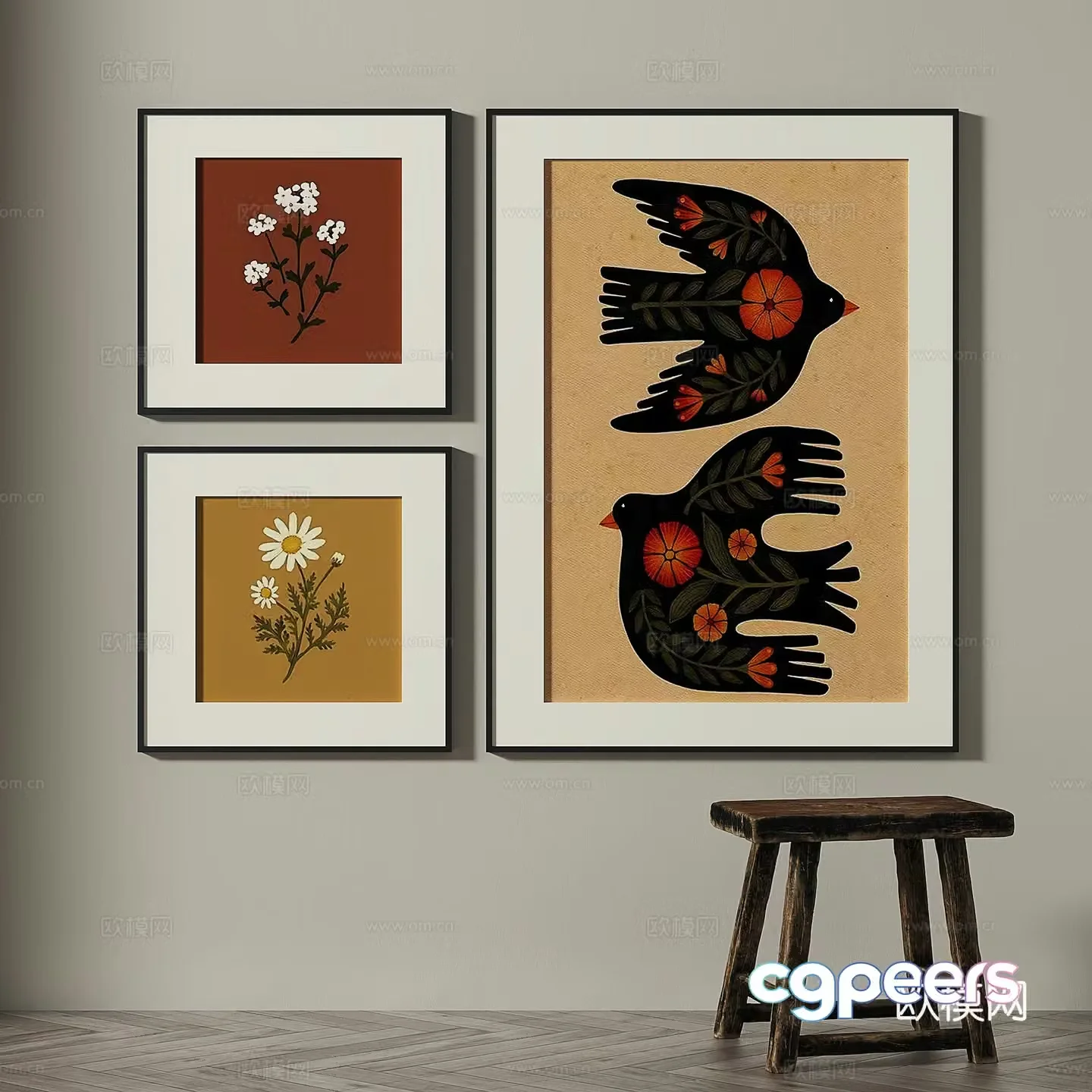 Retro medieval simple abstract light luxury wasabi decorative painting 3d model