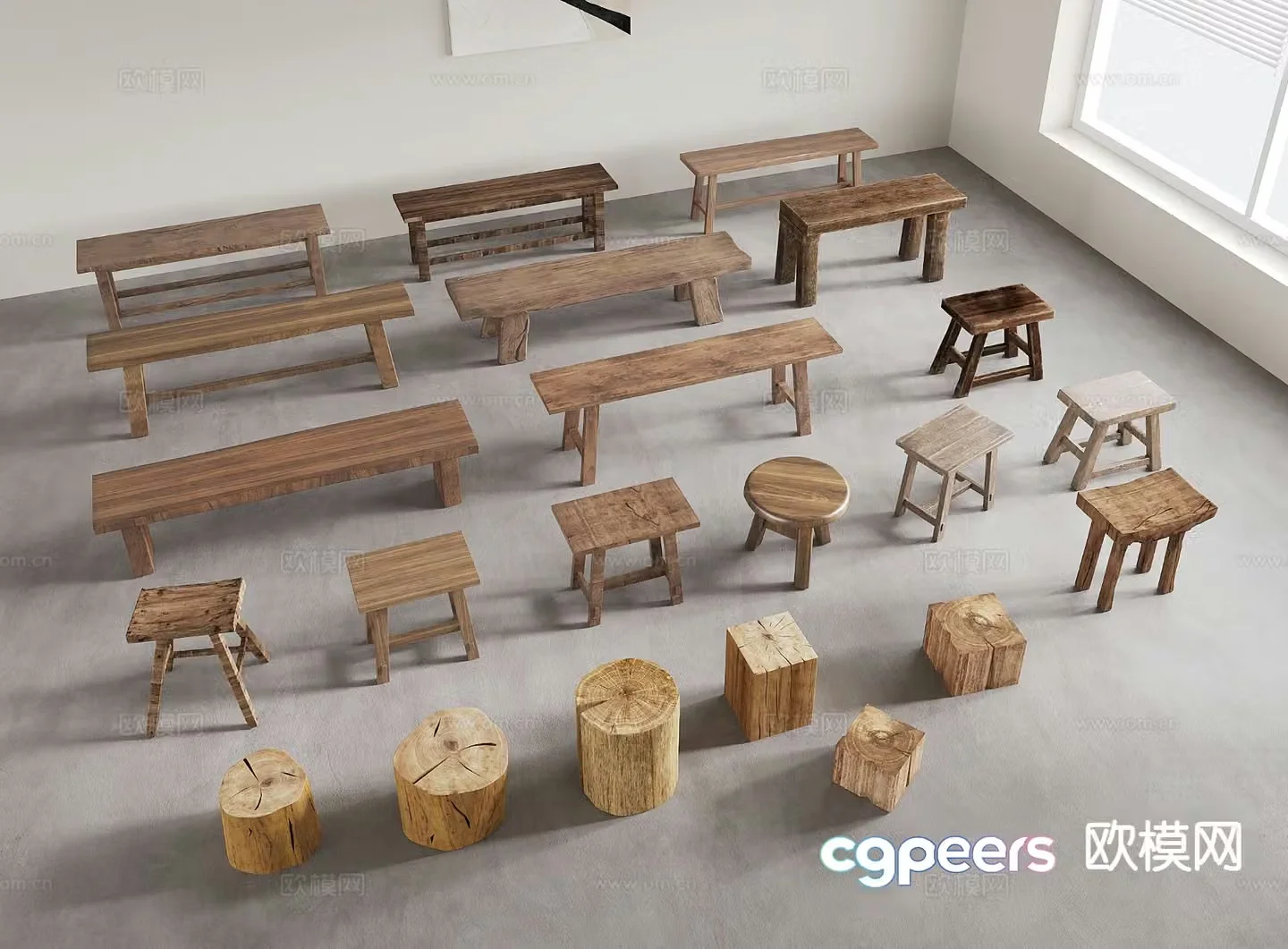 Modern solid wood stool long bench country stool 3D model