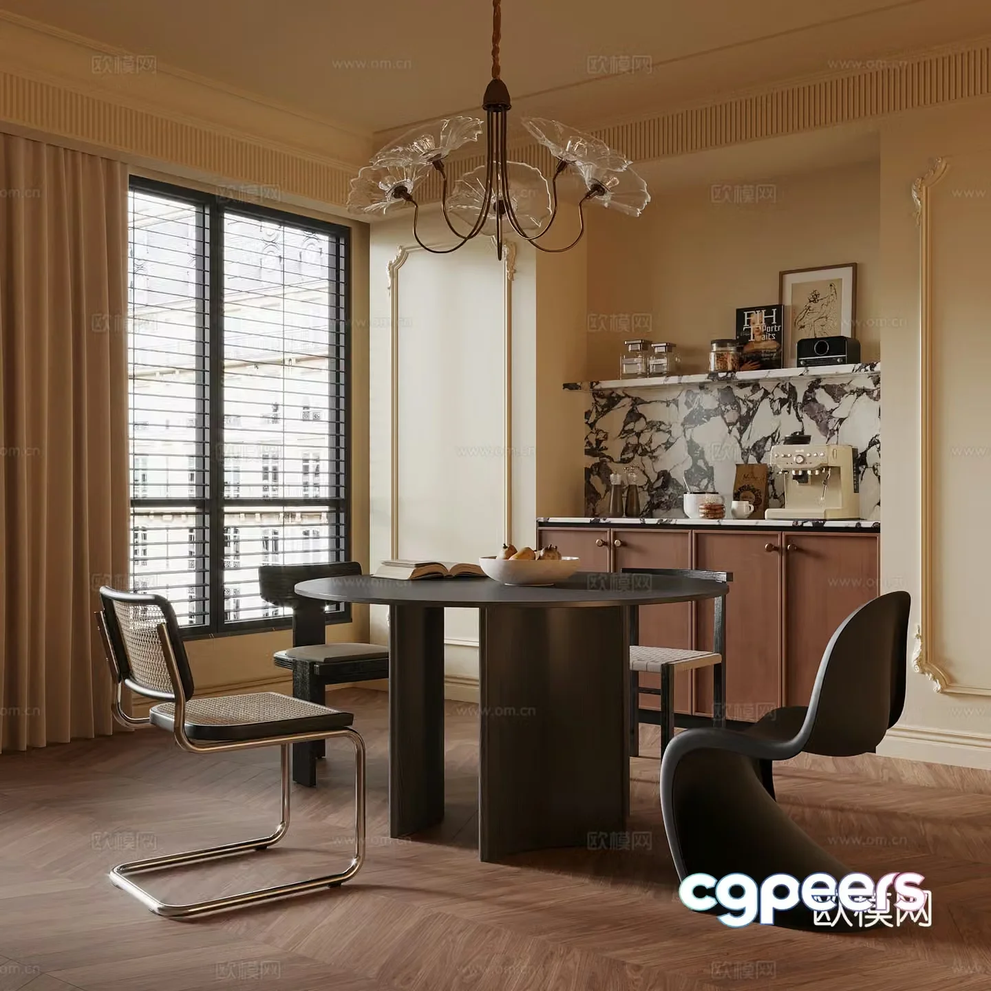 French restaurant dining table and chair chandeliers sideboard 3d model