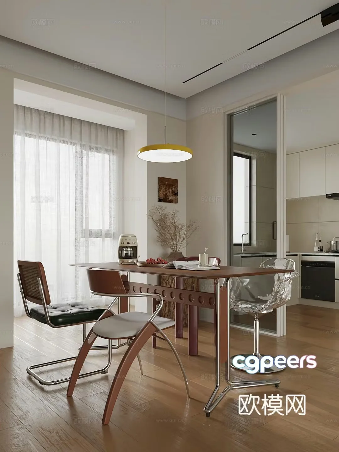 Middle style restaurant dining table and chair 3D model