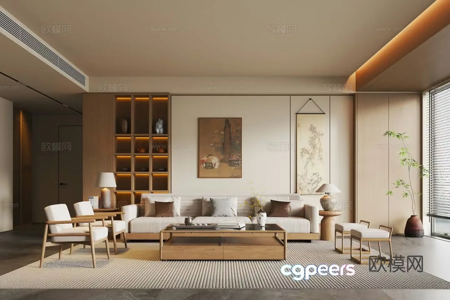 New Chinese style Song style living room solid wood sofa coffee table combination solid wood single chair sofa side table bookcase 3D model