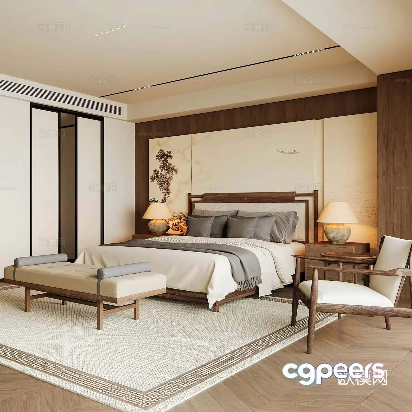 New Chinese style home bedroom Song family aesthetic bedroom Song style bedroom New Chinese style double bed 3D model