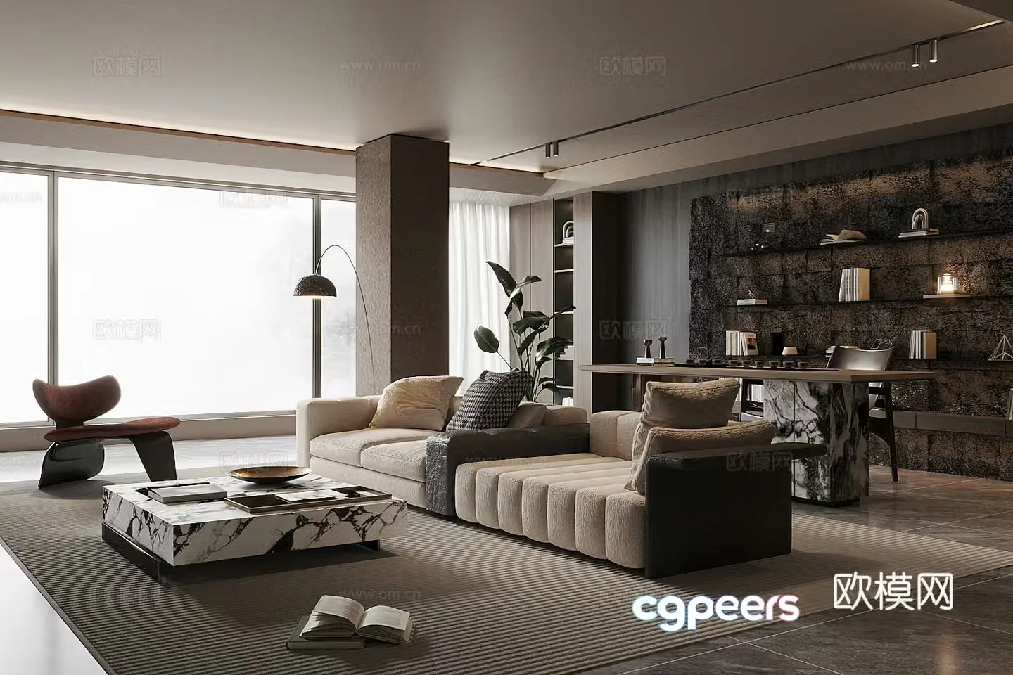 Modern light luxury living room horizontal living room large living room black and white gray living room 3D model
