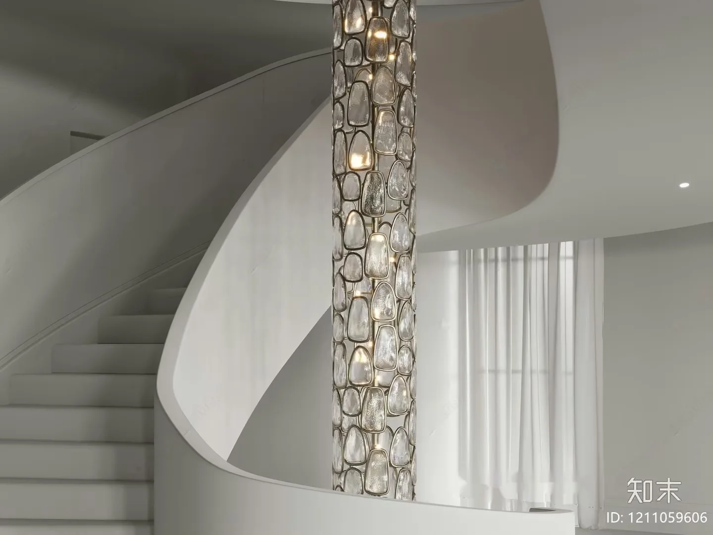 A Modern Staircase With A Glass Light Fixture 3D Model – 933 – VRAY Render