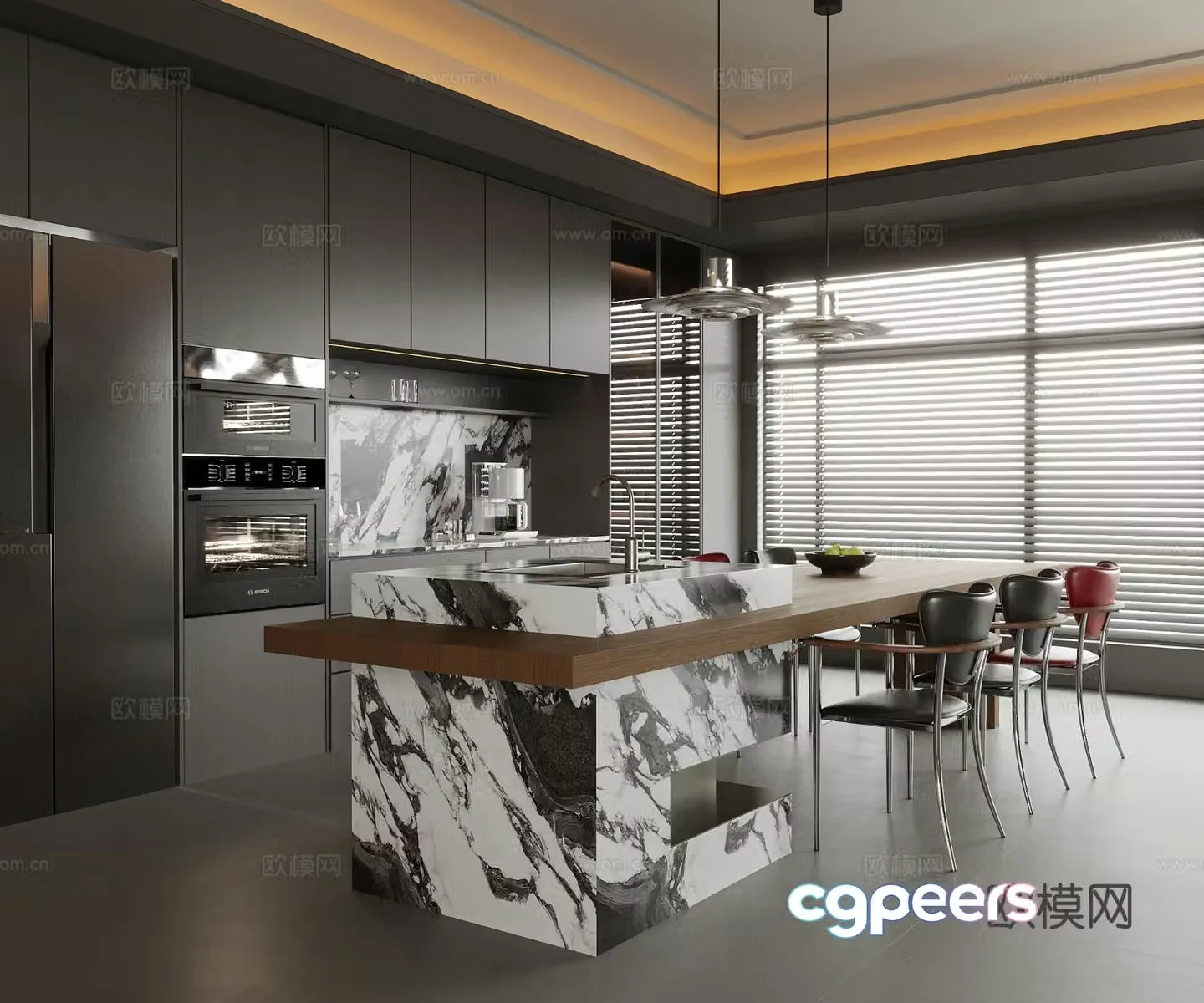 Modern restaurant island dining table sideboard wine cabinet 3d model