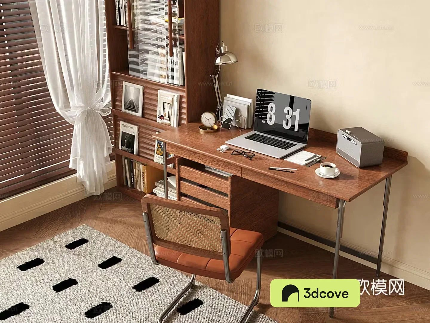 Middle style desk chair desk bookcase dining chair office supplies book 3d model