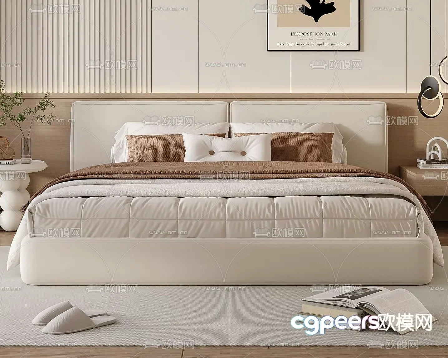 Cream style double bed 3d model