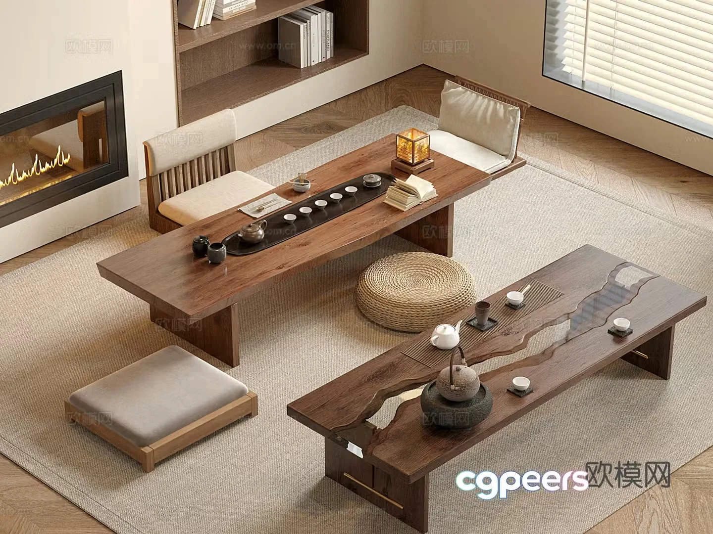 New Chinese-style tea table and chair futon rice cushion 3D model