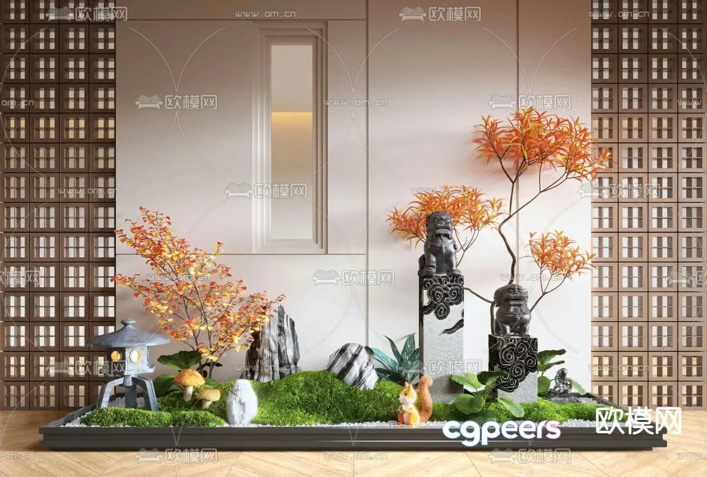 Indoor landscape plant landscaping stone lion sculpture 3d model