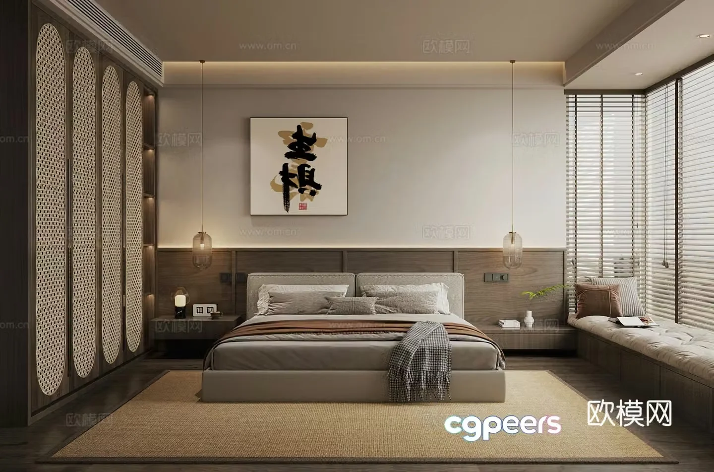 Middle style home bedroom Middle style elder room Second bedroom Middle style bedroom bed Middle style bedside table 3D model