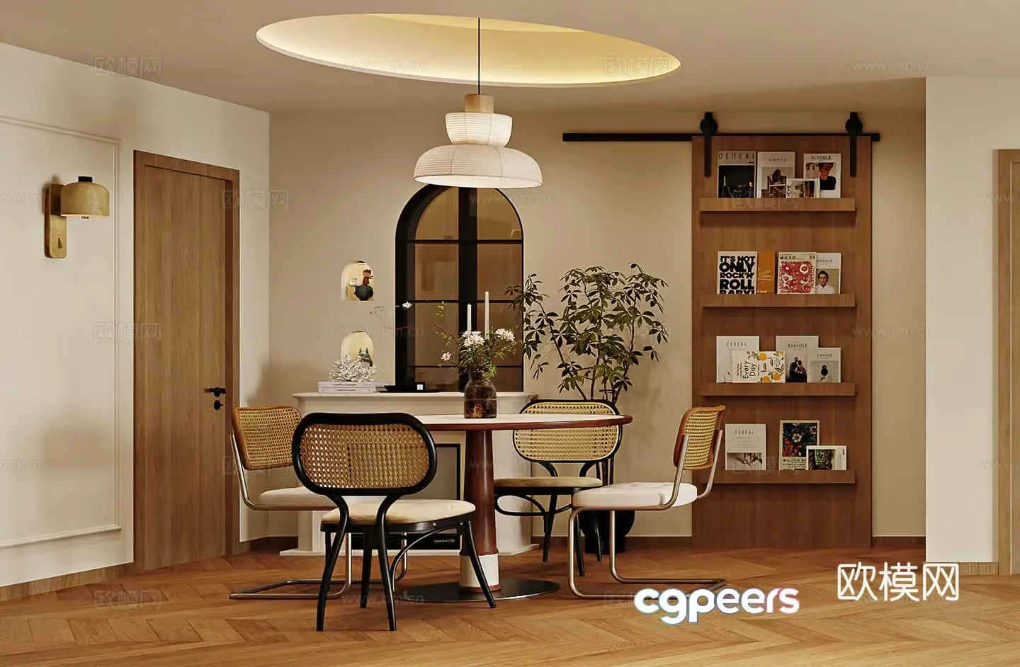 Middle style restaurant round dining table ghost door sliding door retro living room bookcase bookshelf 3d model