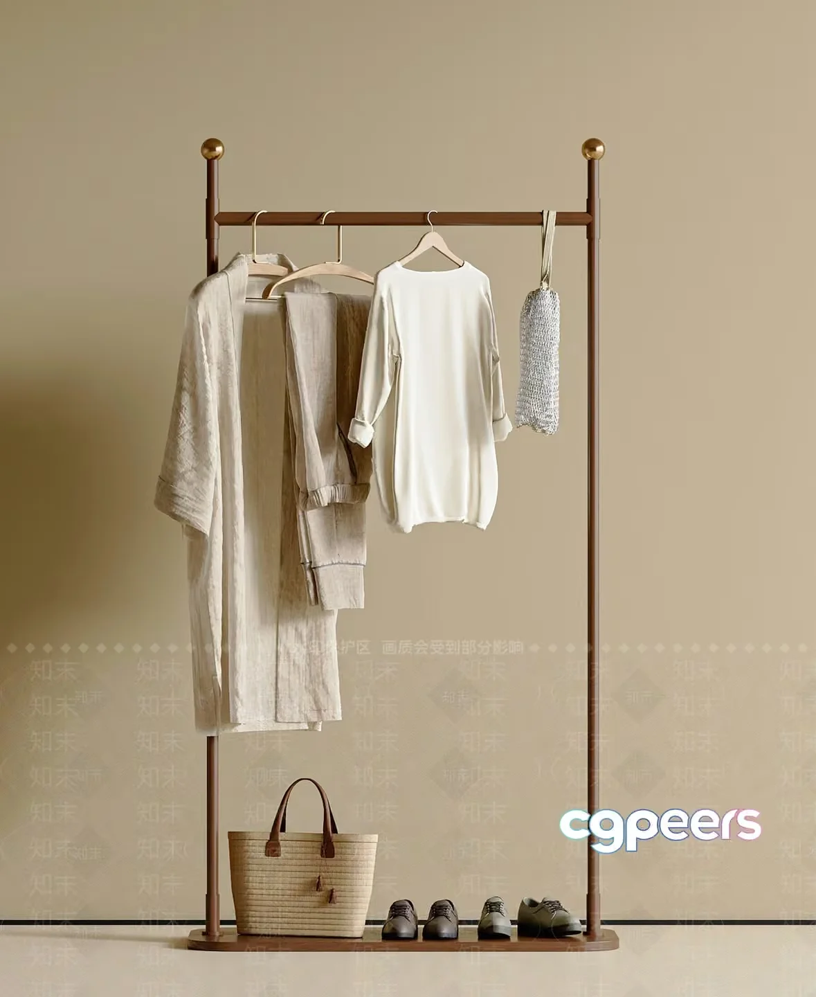 A Clothing Rack With Various Items Of Clothing And Shoes 3D Model – 1075 – VRAY Render