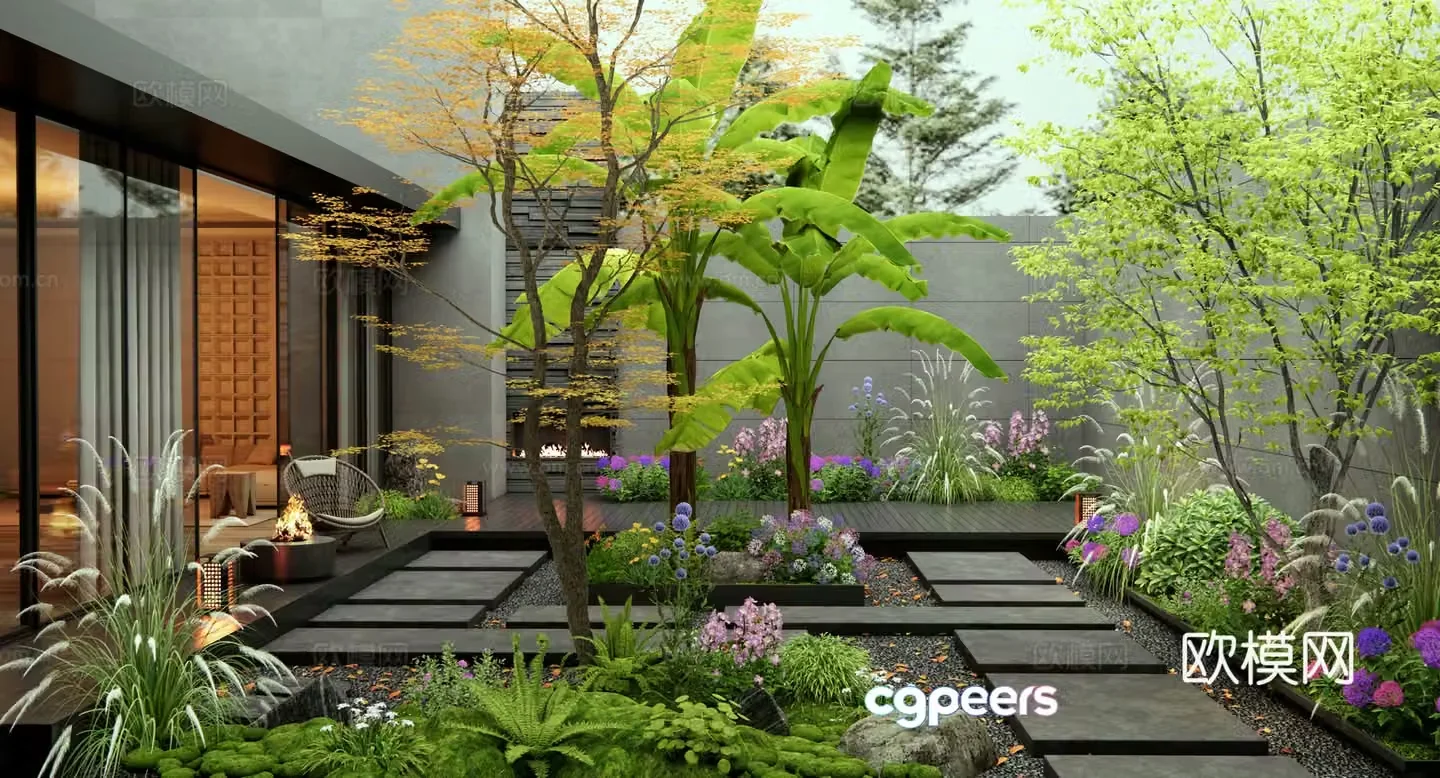 New Chinese style villa courtyard garden plant landscape flowers and plants landscape trees lanyard 3d model