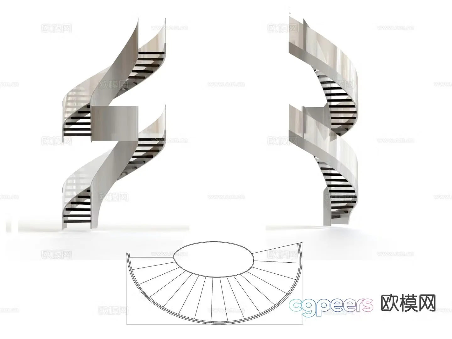 Spiral staircase glass handrail steel plate handrail hollow step staircase 3d model