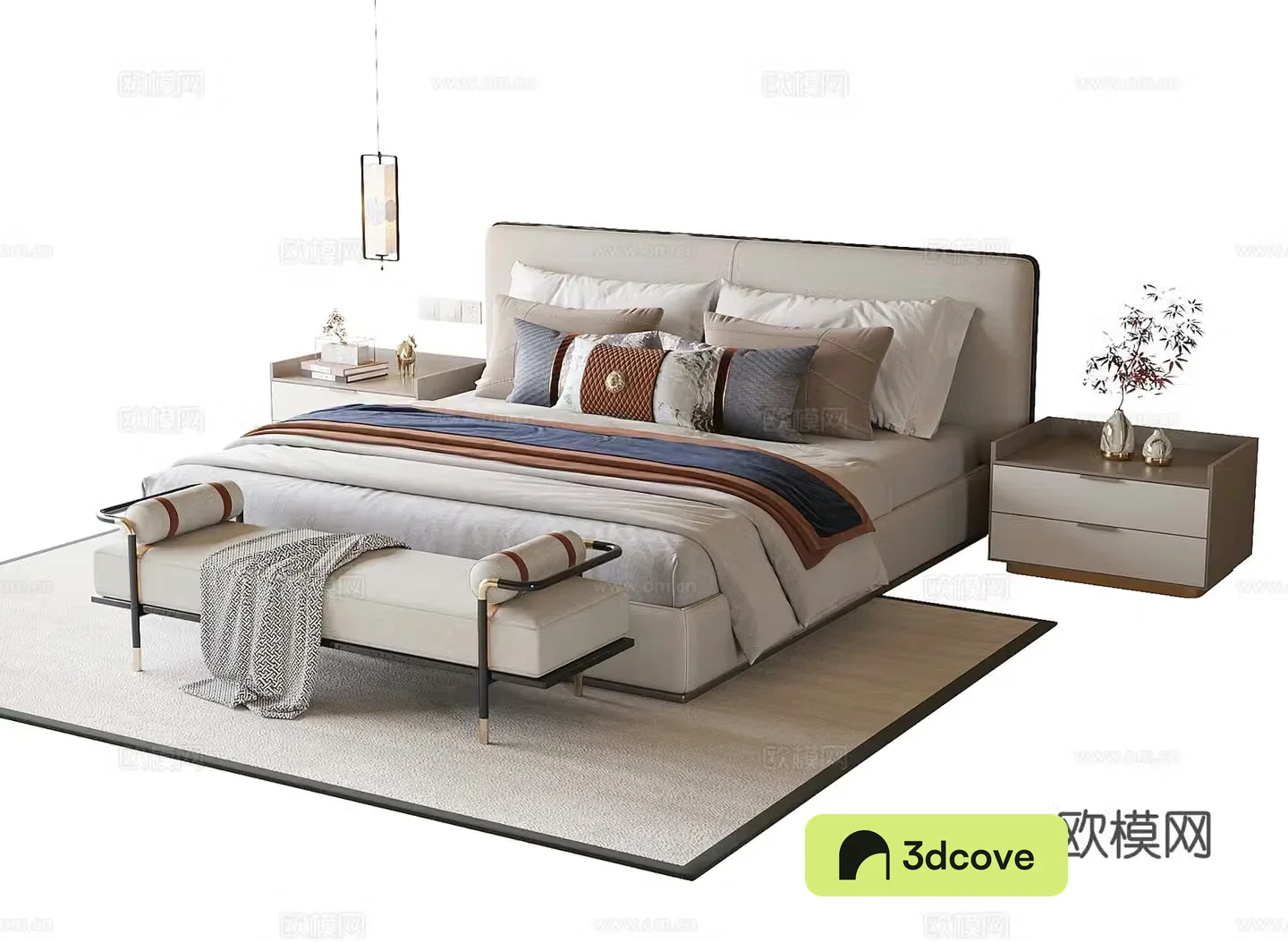 New Chinese style double bed tail stool bedside table
