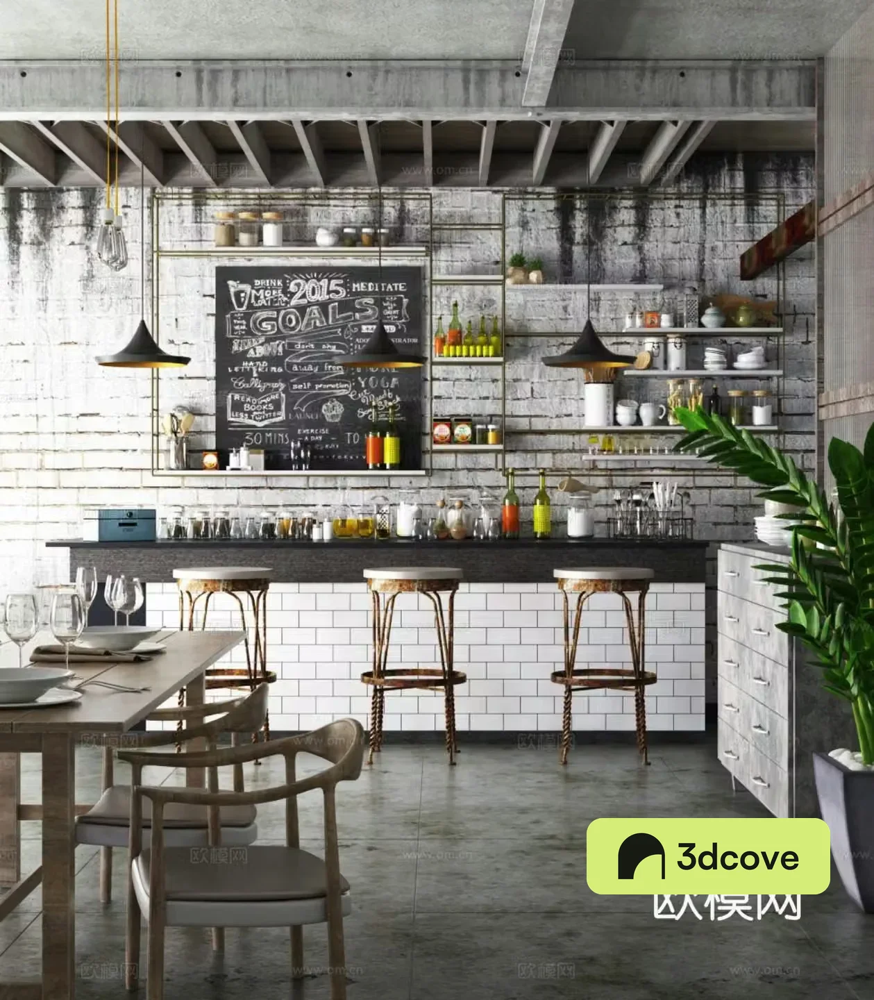 Modern coffee shop Industrial style coffee shop Wasabi style coffee shop Bar counter Dining table and chair Bar chair 3d model