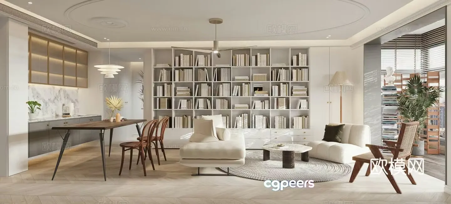 Nordic living restaurant bookcase bookcase sofa combination hanging painting side cabinet Nordic restaurant 3D model