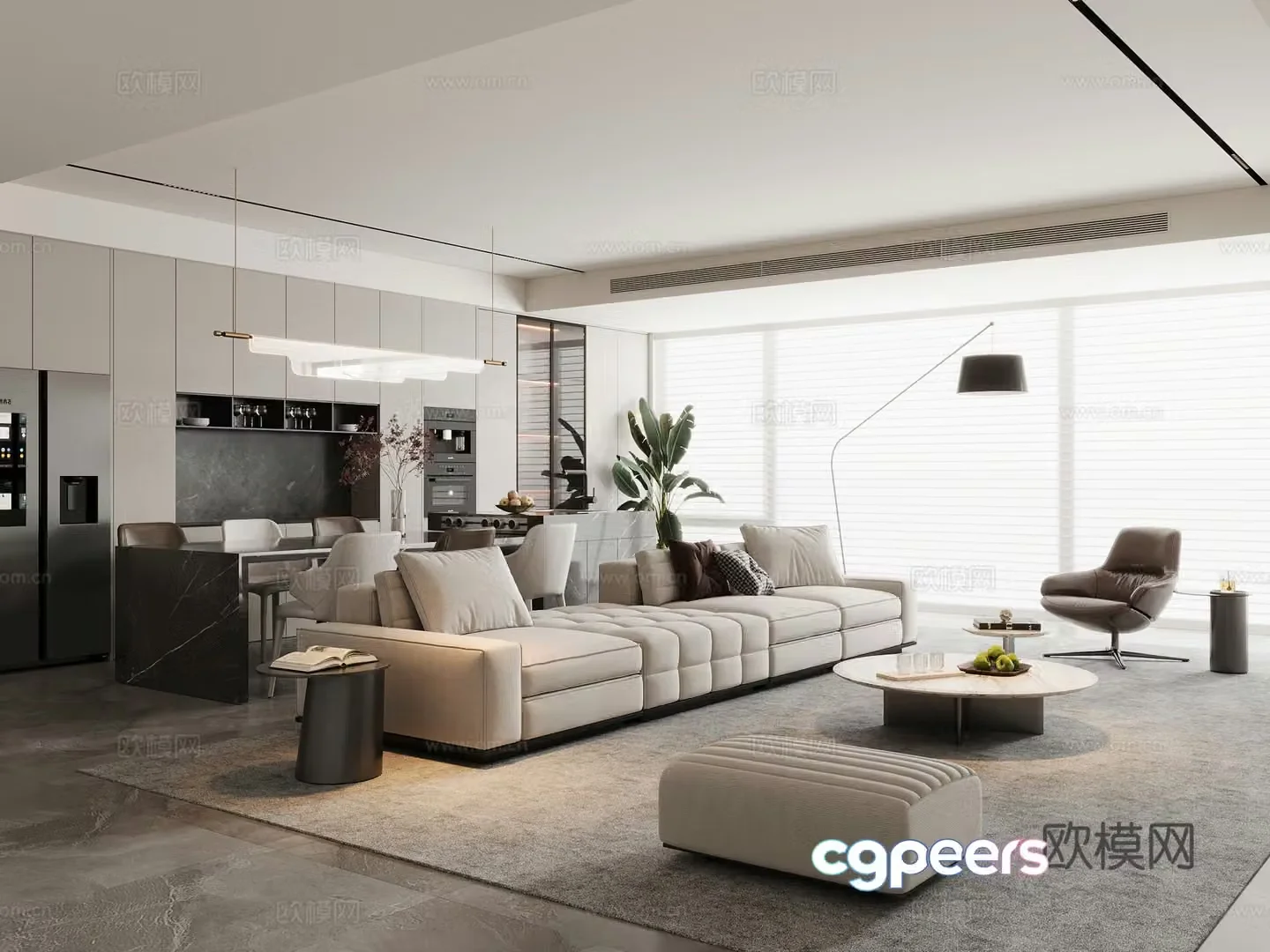 Modern living and dining room horizontal hall sofa and coffee table combination sofa chair dining table and chair sideboard wine cabinet 3d model