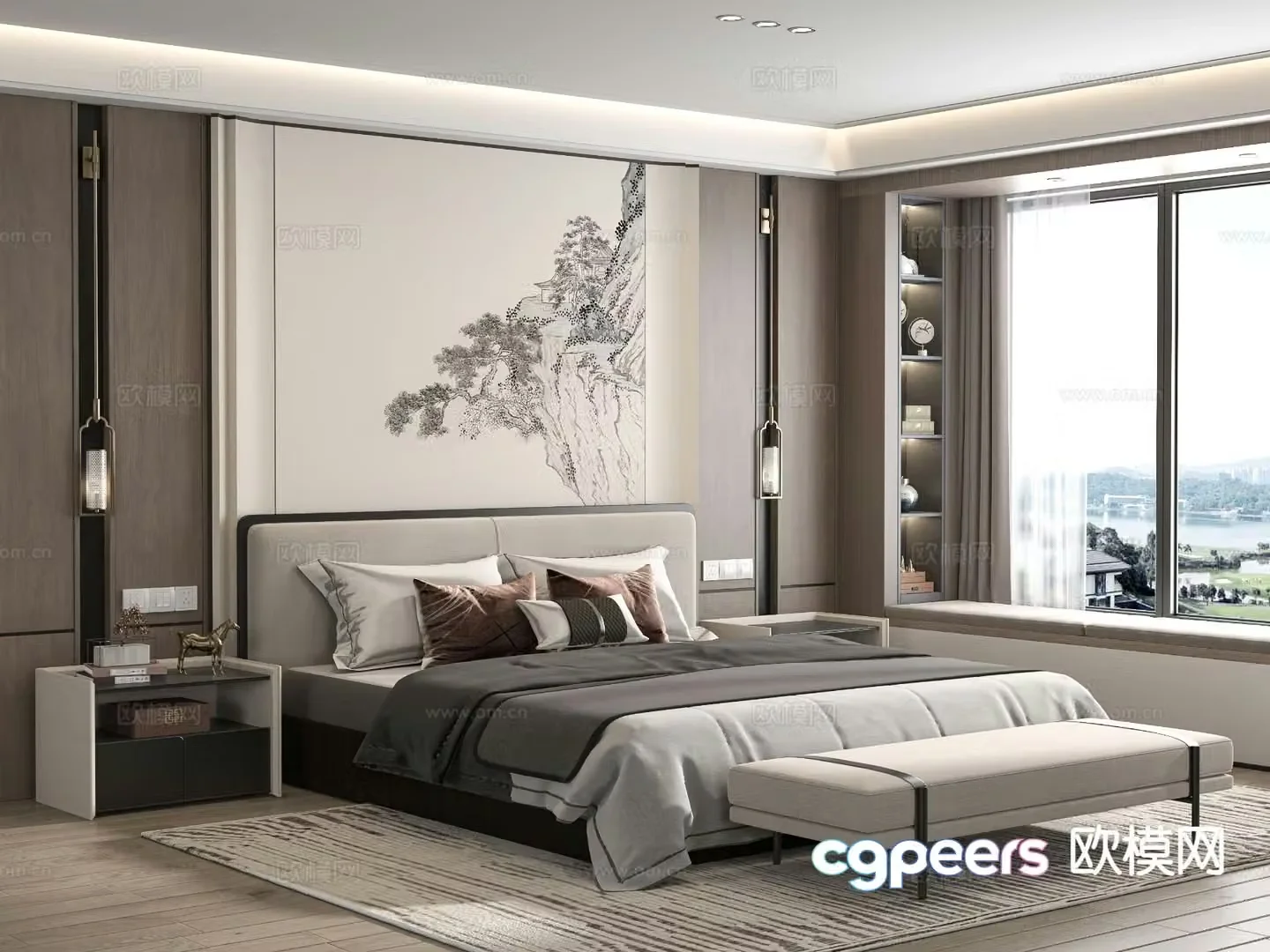 New Chinese style double bed 3d model