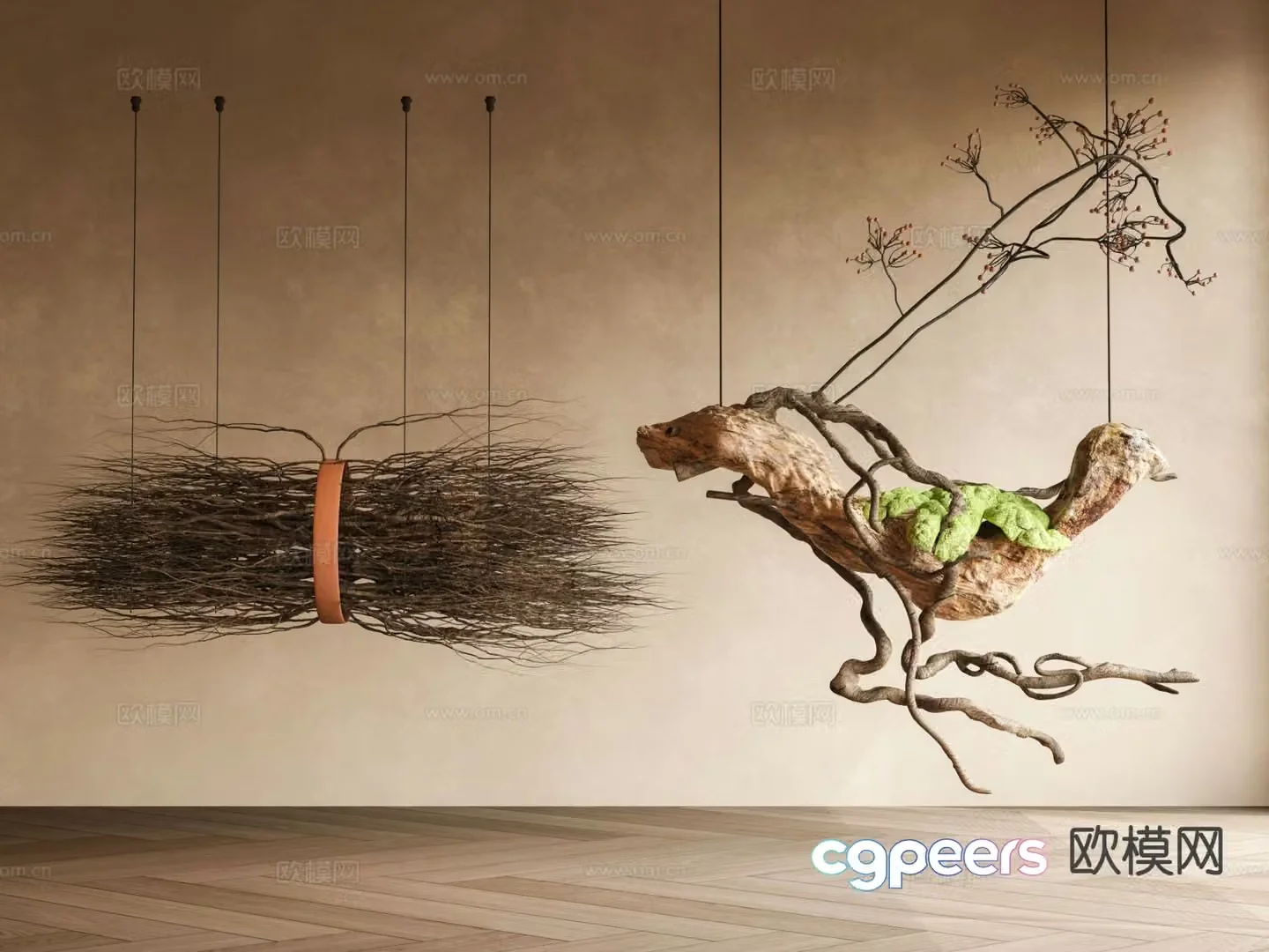 Wabi-sabi dead wood green plant tree sculpture old wood dry branch pendant dead wood sketch 3D model