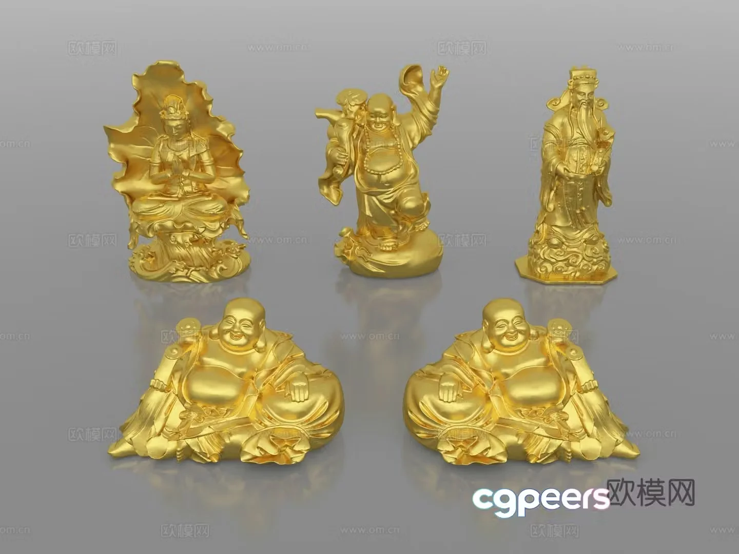 Golden Buddha statue combination Guanyin statue sculpture statue ornament ornament Buddha statue 3d model