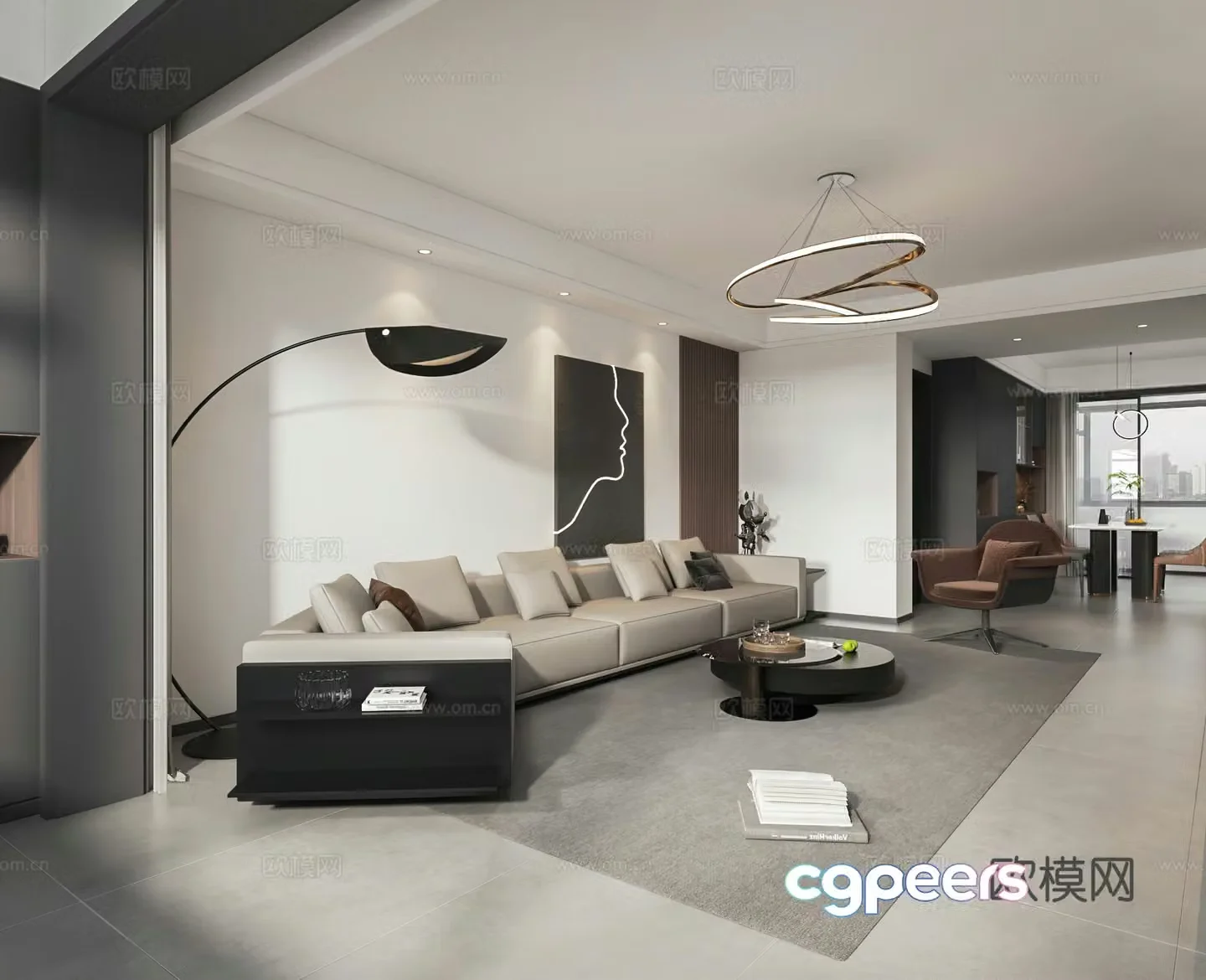 Modern black white and gray living room open kitchen wine cabinet 3D model