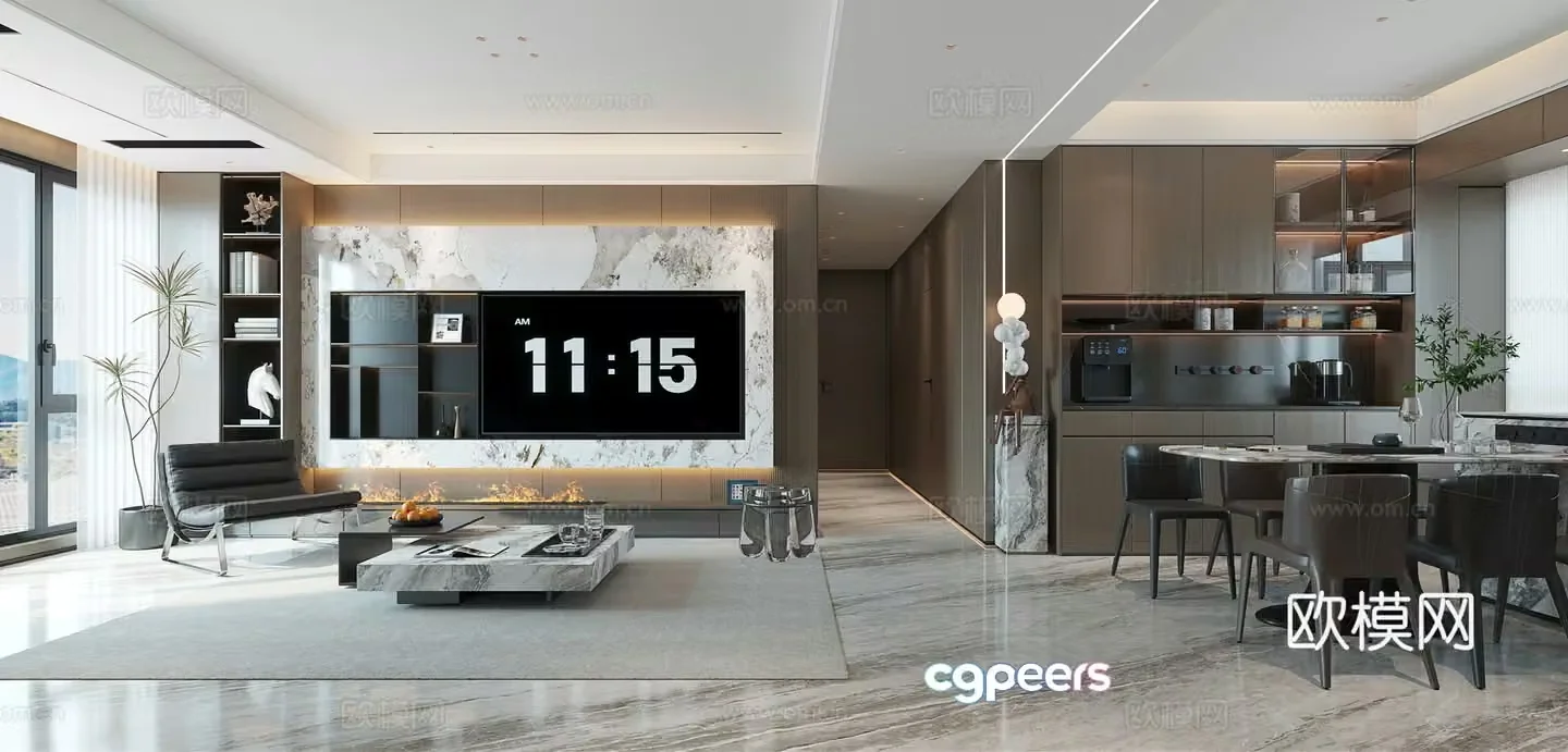 Modern Italian minimalist living and dining room 3d model 3d model