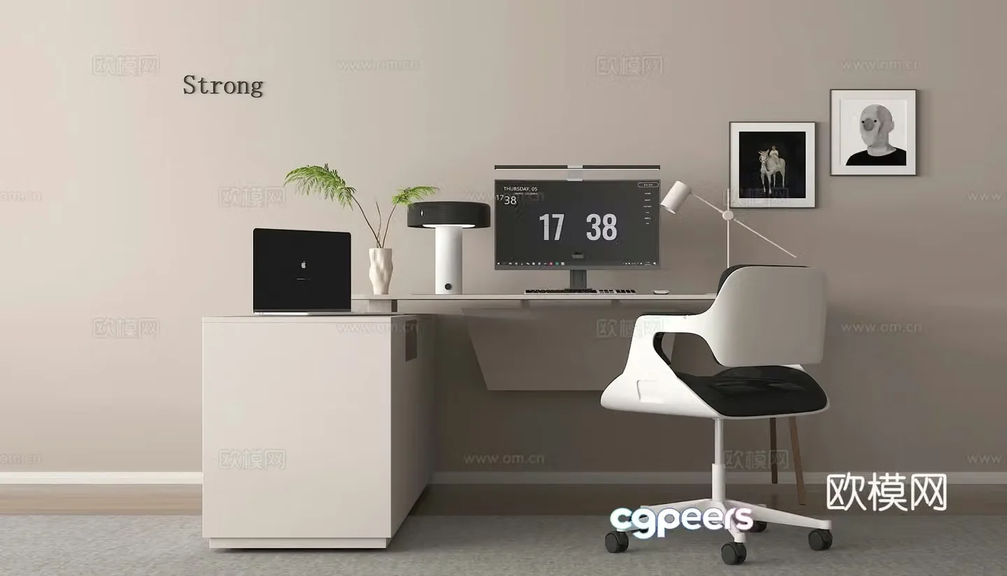 Table desk office desk chair computer desk position station 3D model