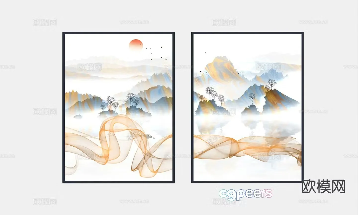 New Chinese style landscape painting decorative painting 3D model