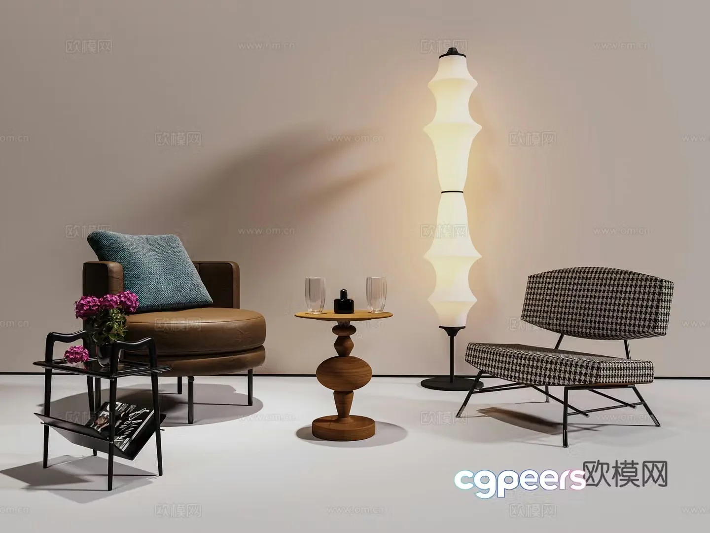 Medium style leisure chair floor lamp coffee table modern single chair 3D model