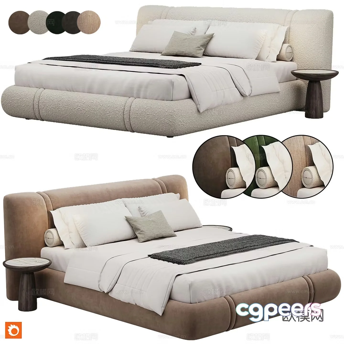 Bedroom modern double bed pillow bedding 3d model