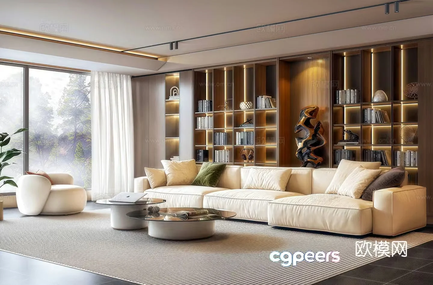 Modern Italian living room bookcase background wall sofa coffee table combination lazy sofa coffee table 3D model