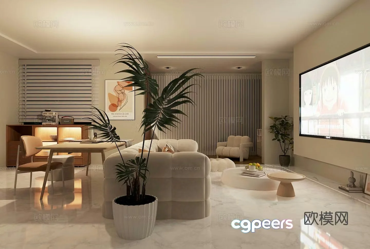 Cream style home living room horizontal hall black and white living room without light living room living room sofa coffee table combination 3D model