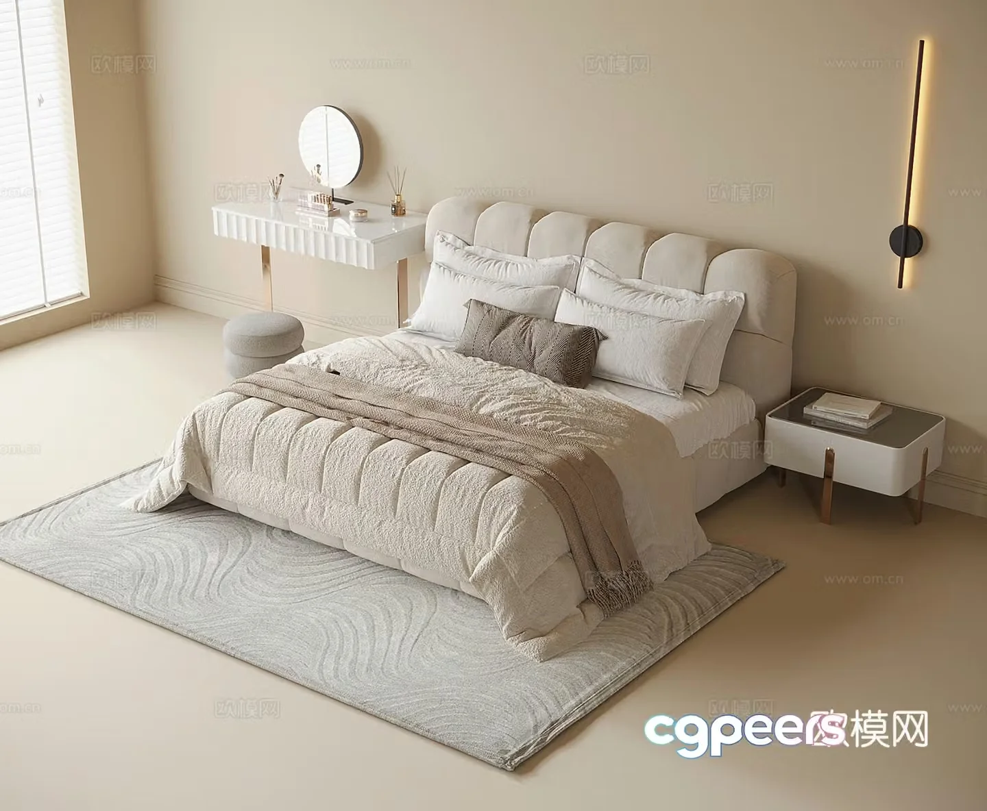 Cream style double bed 3d model