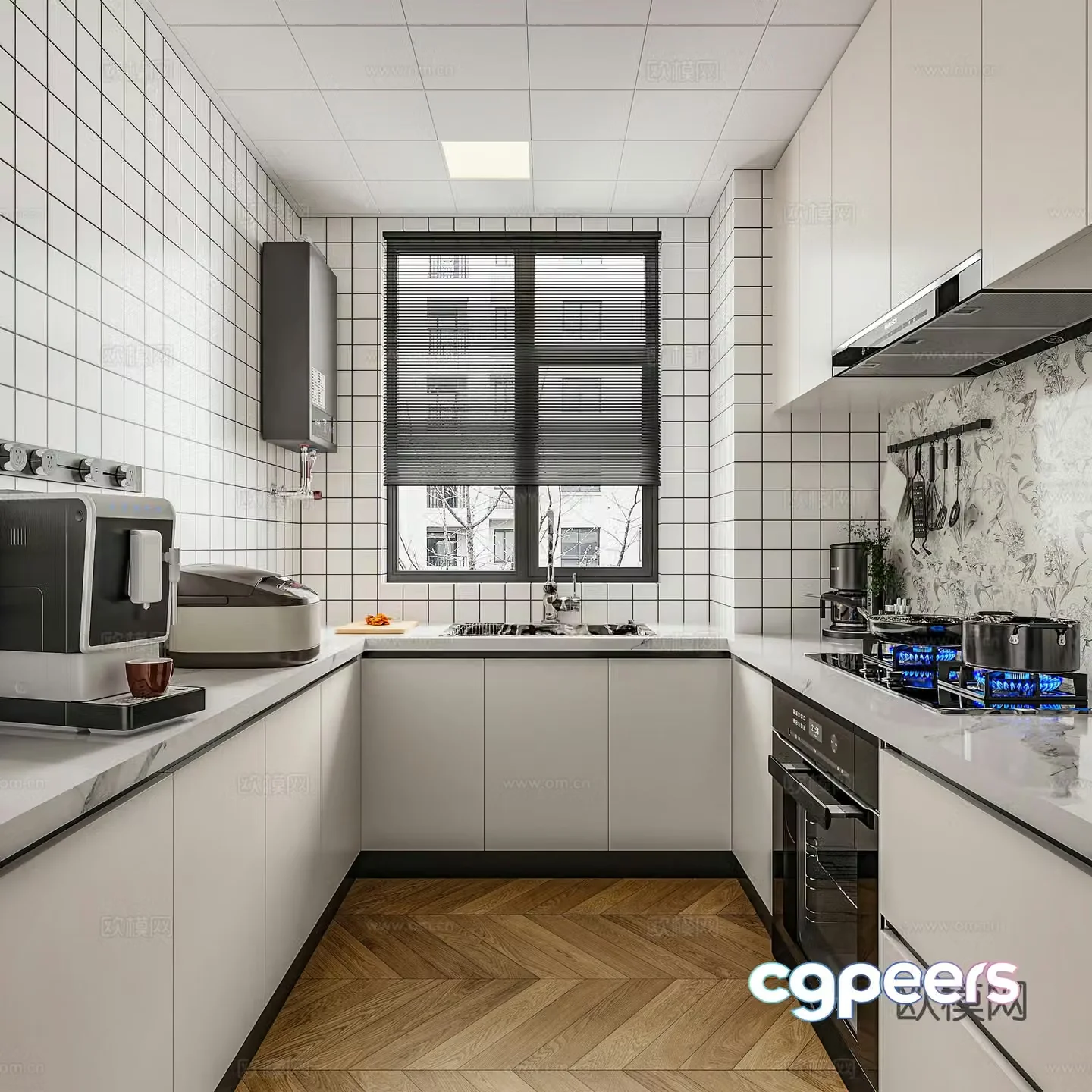 Modern kitchen range hood gas stove gas water heater coffee machine cabinet kitchen utensils electric 3D model