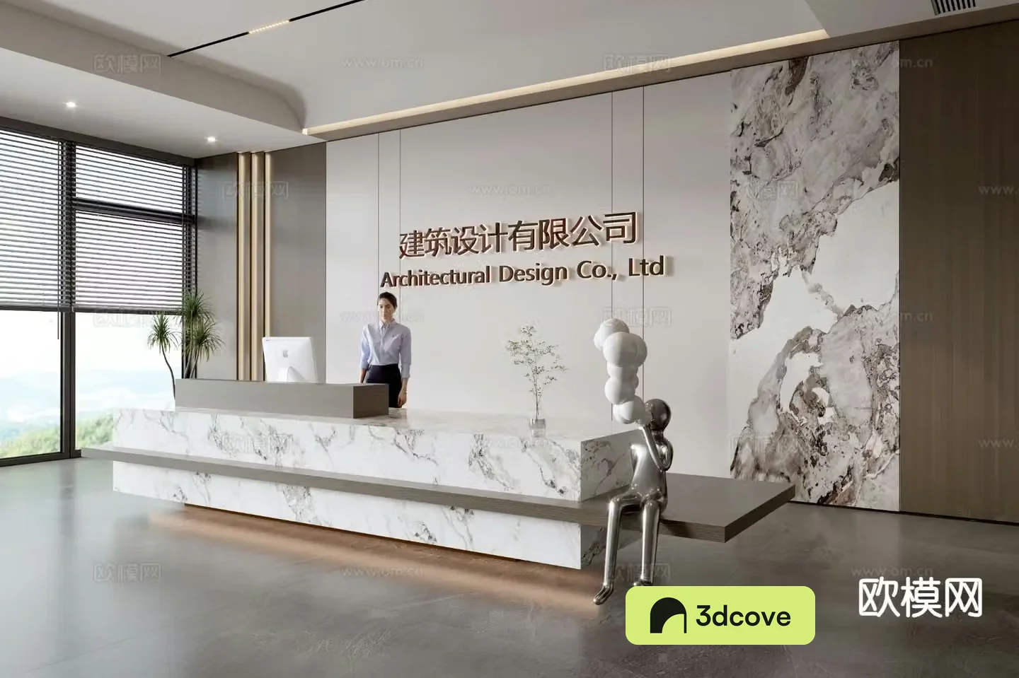 Modern company front desk reception desk corporate wall